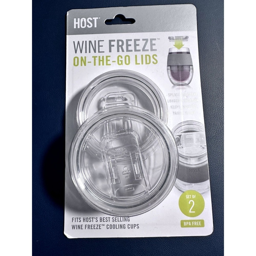 Host Wine Freeze On-The-Go Lids Set of 2 Clear Splash Resistant BPA Free New‎